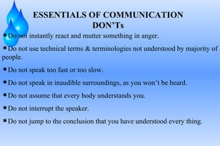 ESSENTIALS OF COMMUNICATION DON’Ts Do not instantly react and mutter something in anger. Do not use technical terms & terminologies not understood by majority of people. Do not speak too fast or too slow. Do not speak in inaudible surroundings, as you won’t be heard. Do not assume that every body understands you. Do not interrupt the speaker. Do not jump to the conclusion that you have understood every thing. 
