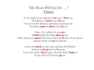 "My Heart Will Go On . . ." Titanic Every night in my dreams I  see  you, I  feel  you. That  is  how I  know  you.  Go  on. Far across the distance and spaces between us You have  come  to  show  you.  Go  on. Near, Far, wherever you  are , I  believe  that the heart  does go  on. Once more you  open ed the door And you 're  here in my heart, and my heart will  go  on and on.   Love can  touch  us one time and last for lifetime And never  let go  till we 're  gone. Love was when I  love d you, one true time I  hope  to In my life we'll always  go  on. 