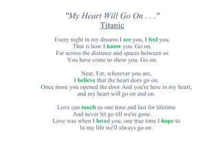 "My Heart Will Go On . . ." Titanic Every night in my dreams I  see  you, I  feel  you. That is how I  know  you. Go on. Far across the distance and spaces between us You have come to show you. Go on. Near, Far, wherever you are, I  believe  that the heart does go on. Once more you opened the door And you're here in my heart, and my heart will go on and on.   Love can  touch  us one time and last for lifetime And never let go till we're gone. Love was when I  love d you, one true time I  hope  to In my life we'll always go on. 