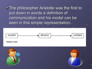 The philosopher Aristotle was the first to put down in words a definition of communication and his model can be seen in this simple representation. 