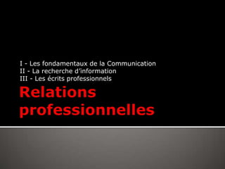Relations professionnelles I - Les fondamentaux de la Communication II - La recherche d’information III - Les écrits professionnels 