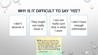 WHY IS IT DIFFICULT TO SAY ‘YES’?
I don’t
deserve it
They might
not really
mean it
I am not
really sure
that is what
I want
I don’t have
enough
information
 
