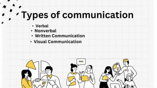 Types of communication
• Verbal
• Nonverbal
• Written Communication
• Visual Communication
 