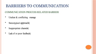 BARRIERS TO COMMUNICATION
COMMUNICATION PROCESS RELATED BARRIER
• Unclear & conflicting message
• Stereotypical approach(
• Inappropriate channels(
• Lackof or poor feedback(
 