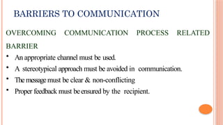 BARRIERS TO COMMUNICATION
OVERCOMING COMMUNICATION PROCESS RELATED
BARRIER
• An appropriate channel must be used.
• A stereotypical approach must be avoided in communication.
• The messagemust be clear & non-conflicting
• Proper feedback must beensured by the recipient.
 