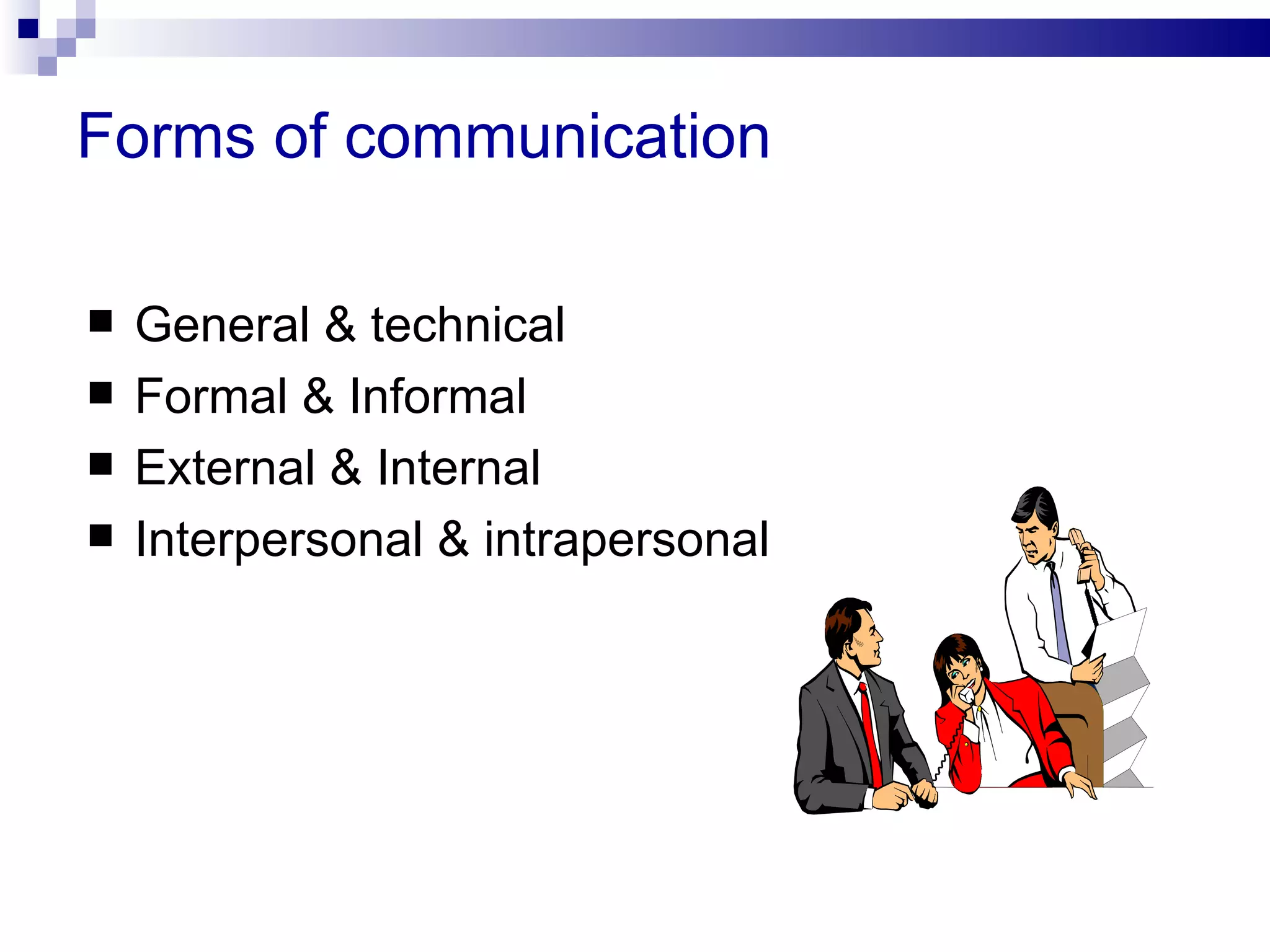Forms of communication

   General & technical
   Formal & Informal
   External & Internal
   Interpersonal & intrapersonal
 