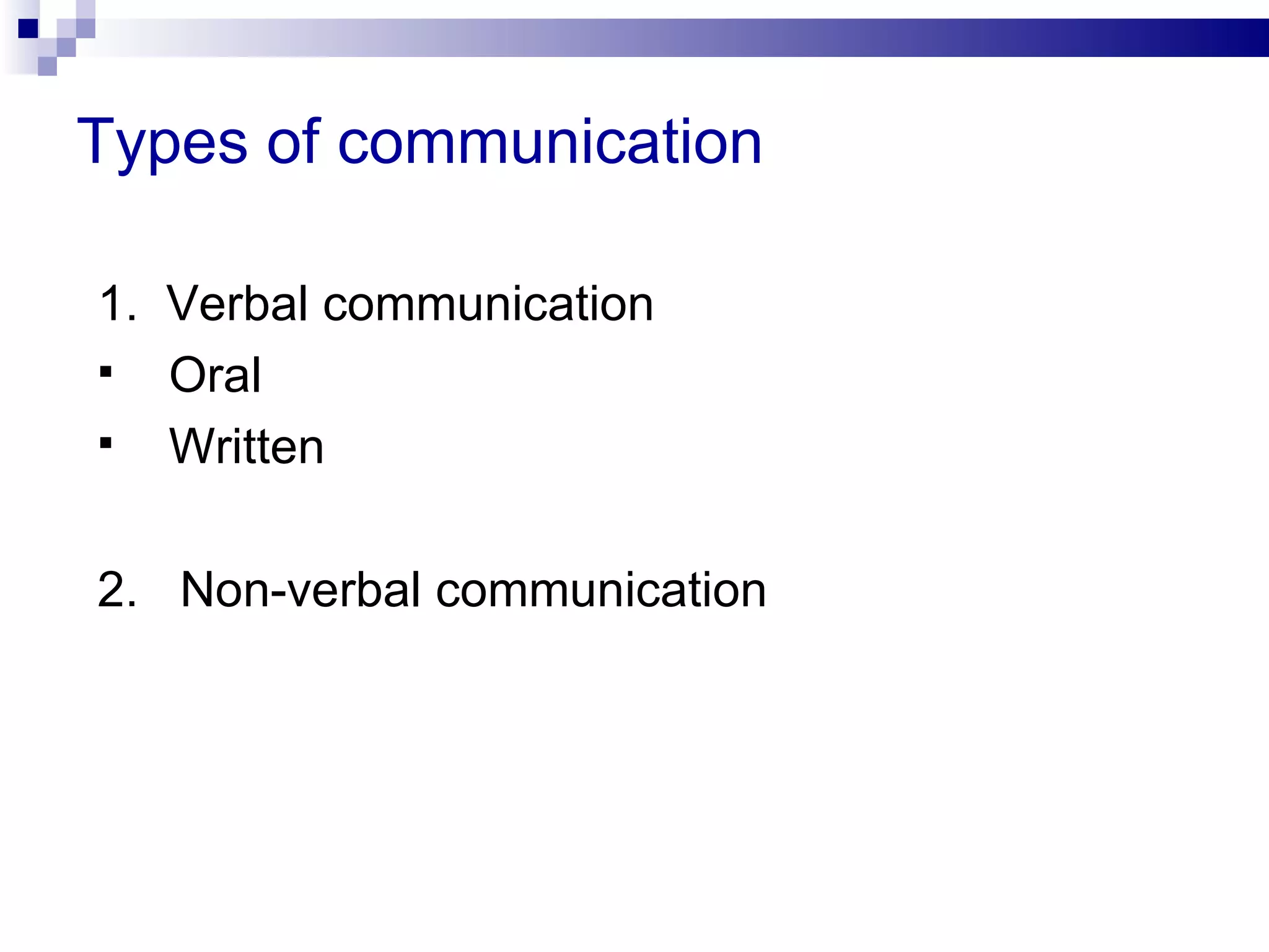 Types of communication

1. Verbal communication
 Oral
 Written



2. Non-verbal communication
 