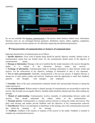 CHAPTER 1
So, we can conclude that business communication is the process where business related issues, information,
functions, news etc. are exchanged between producers, distributors, buyers, sellers, suppliers, competitors,
government agencies, business parties etc. for efficiently organizing and administering business.
Characteristics of communication or features of communication
Important characteristics of communication are as follows:
1. Specific objectives: Every work of human being should be specific objective oriented. Aimless work or
communication cannot bear any fruitful result. So, the communicator should aware of the objective of
communication clearly.
2. Message or information: Message is the set of symbols that the sender transmits to the receiver through the
media. It is content of the interaction between sender and receiver.
3. Exchange of information: Communication helps to exchange information or ideas between sender and
receiver. For the achievement of any objective, exchange of information or idea is very important.
4. Two or more person/parties: Generally, communication is the two-way process. It happens between or
among two or more parties (sender and receiver). Employees need the opportunity to share their feedback,
opinions and thoughts with managers and employers.
5. Formality: Most of the cases communication maintains formal rules and procedure between or among the
sender and receiver.
6. Use of media/channel: Without media or channel message of communication are not possible to send to the
receiver. But all media are not equally effective. Suitable media should be selected each time while sending any
message.
7. Mutual of understanding: Communication involves mutuality of understanding between sender and
receiver. They should understand the subject matter of the communication.
8. Dynamic process: Communication is a dynamic process between or among the sender and receiver. One
party send message and another provide feedback until the objectives of the communication achieved.
9. Noise/Barriers: Noise is an interruption or disturbance to the message sent in the communication processes
that distort the meaning of the message.
10. Feedback: Feedback is the reaction or response of the receiver to the sender. Feedback is essential to
complete any communication process.
 