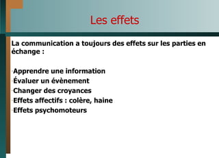 Les effets La communication a toujours des effets sur les parties en échange : Apprendre une information Évaluer un évènement Changer des croyances Effets affectifs : colère, haine Effets psychomoteurs 