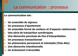 La communication : processus La communication est : Un ensemble de signaux Un processus d’ajustement Un ensemble formé de contenu et d’aspects relationnels Une série de transaction symétriques Une démarche ponctuée de fins d’interprétation Un processus transactionnel Un phénomène permanent et inévitable (Palo Alto) Une démarche intentionnelle Un évènement irréversible 