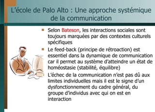L’école de Palo Alto : Une approche systémique de la communication Selon  Bateson , les interactions sociales sont toujours marquées par des contextes culturels spécifiques Le feed-back (principe de rétroaction) est essentiel dans la dynamique de communication car il permet au système d’atteindre un état de homéostasie (stabilité, équilibre) L’échec de la communication n’est pas dû aux limites individuelles mais il est le signe d’un dysfonctionnement du cadre général, du groupe d’individus avec qui on est en interaction  