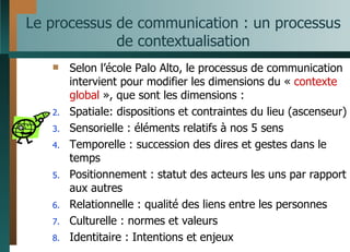Le processus de communication : un processus de contextualisation Selon l’école Palo Alto, le processus de communication intervient pour modifier les dimensions du «  contexte global  », que sont les dimensions : Spatiale: dispositions et contraintes du lieu (ascenseur) Sensorielle : éléments relatifs à nos 5 sens Temporelle : succession des dires et gestes dans le temps Positionnement : statut des acteurs les uns par rapport aux autres Relationnelle : qualité des liens entre les personnes Culturelle : normes et valeurs Identitaire : Intentions et enjeux 