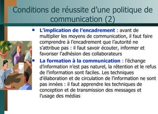 Conditions de réussite d’une politique de communication (2) L’implication de l’encadrement  : avant de multiplier les moyens de communication, il faut faire comprendre à l’encadrement que l’autorité ne s’attribue pas : il faut savoir écouter, informer et favoriser l’adhésion des collaborateurs La formation à la communication  : l’échange d’information n’est pas naturel, la rétention et le refus de l’information sont faciles. Les techniques d’élaboration et de circulation de l’information ne sont pas innées : il faut apprendre les techniques de conception et de transmission des messages et l’usage des médias 