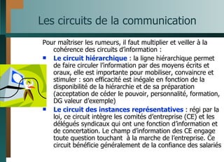 Les circuits de la communication Pour maîtriser les rumeurs, il faut multiplier et veiller à la cohérence des circuits d’information : Le circuit hiérarchique  : la ligne hiérarchique permet de faire circuler l’information par des moyens écrits et oraux, elle est importante pour mobiliser, convaincre et stimuler : son efficacité est inégale en fonction de la disponibilité de la hiérarchie et de sa préparation (acceptation de céder le pouvoir, personnalité, formation, DG valeur d’exemple) Le circuit des instances représentatives  : régi par la loi, ce circuit intègre les comités d’entreprise (CE) et les délégués syndicaux qui ont une fonction d’information et de concertation. Le champ d’information des CE engage toute question touchant  à la marche de l’entreprise. Ce circuit bénéficie généralement de la confiance des salariés 