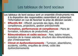 Les tableaux de bord sociaux Les tableaux de bord sociaux sont un ensemble d’instruments mis à la disposition des responsables rassemblant et présentant l’information en vue de favoriser la prise de décision sociale :  Effectifs RH  : Effectif, pyramide des âges, état des compétences, projections, gestion prévisionnelle Formation, performances et compétences  : Plans de formation, indicateurs de productivité, suivi Rémunérations et coûts sociaux  : Paie, salaire moyen, évolution de la masse salariale, structure des rémunérations, plan d’intéressement Climat et dysfonctionnements  : Turnover, absentéisme, accidents, conflits, enquêtes de climat, coûts des dysfonctionnements 
