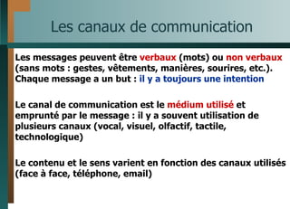 Les canaux de communication Les messages peuvent être  verbaux  (mots) ou  non verbaux  (sans mots : gestes, vêtements, manières, sourires, etc.). Chaque message a un but :  il y a toujours une intention Le canal de communication est le  médium utilisé  et emprunté par le message : il y a souvent utilisation de plusieurs canaux (vocal, visuel, olfactif, tactile, technologique) Le contenu et le sens varient en fonction des canaux utilisés (face à face, téléphone, email) 
