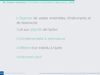 0 2 . C A D R E T H É O R I Q U E / / S Y S T È M E D ’ I N S T R U M E N T S ( B O U R M A U D , 2 0 0 6 )
COLLOQUE SCIENTIFIQUE INTERNATIONAL SUR LES TIC EN ÉDUCATION | ROLAND, EMPLIT & UYTTEBROUCK | 13
> Organise de vastes ensembles d’instruments et
de ressources
> Lié aux objectifs de l’action
> Complémentarité & redondance
> Diﬀérent d’un individu à l’autre
> Instrument pivot
 