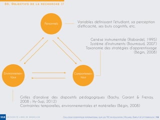 0 3 . O B J E C T I F S D E L A R E C H E R C H E / /
COLLOQUE SCIENTIFIQUE INTERNATIONAL SUR LES TIC EN ÉDUCATION | ROLAND, EMPLIT & UYTTEBROUCK | 16
Personnels
Grilles d’analyse des dispositifs pédagogiques (Bachy, Garant & Frenay,
2008 ; Hy-Sup, 2012)
Contraintes temporelles, environnementales et matérielles (Bégin, 2008)
Variables définissant l’étudiant, sa perception
d’efficacité, ses buts cognitifs, etc.
Genèse instrumentale (Rabardel, 1995)
Système d’instruments (Bourmaud, 2007)
Taxonomie des stratégies d’apprentissage
(Bégin, 2008)
Environnemen-
taux
Comportemen-
taux
 
