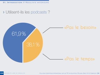 0 1 . I N T R O D U C T I O N / / R É S U LTAT S A N T É R I E U R S
COLLOQUE SCIENTIFIQUE INTERNATIONAL SUR LES TIC EN ÉDUCATION | ROLAND, EMPLIT & UYTTEBROUCK | 04
«Pas le temps»
«Pas le besoin»
> Utilisent-ils les podcasts ?
 