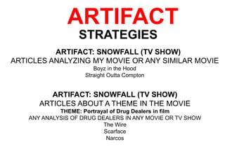 ARTIFACT
STRATEGIES
ARTIFACT: SNOWFALL (TV SHOW)
ARTICLES ANALYZING MY MOVIE OR ANY SIMILAR MOVIE
Boyz in the Hood
Straight Outta Compton
ARTIFACT: SNOWFALL (TV SHOW)
ARTICLES ABOUT A THEME IN THE MOVIE
THEME: Portrayal of Drug Dealers in film
ANY ANALYSIS OF DRUG DEALERS IN ANY MOVIE OR TV SHOW
The Wire
Scarface
Narcos
 
