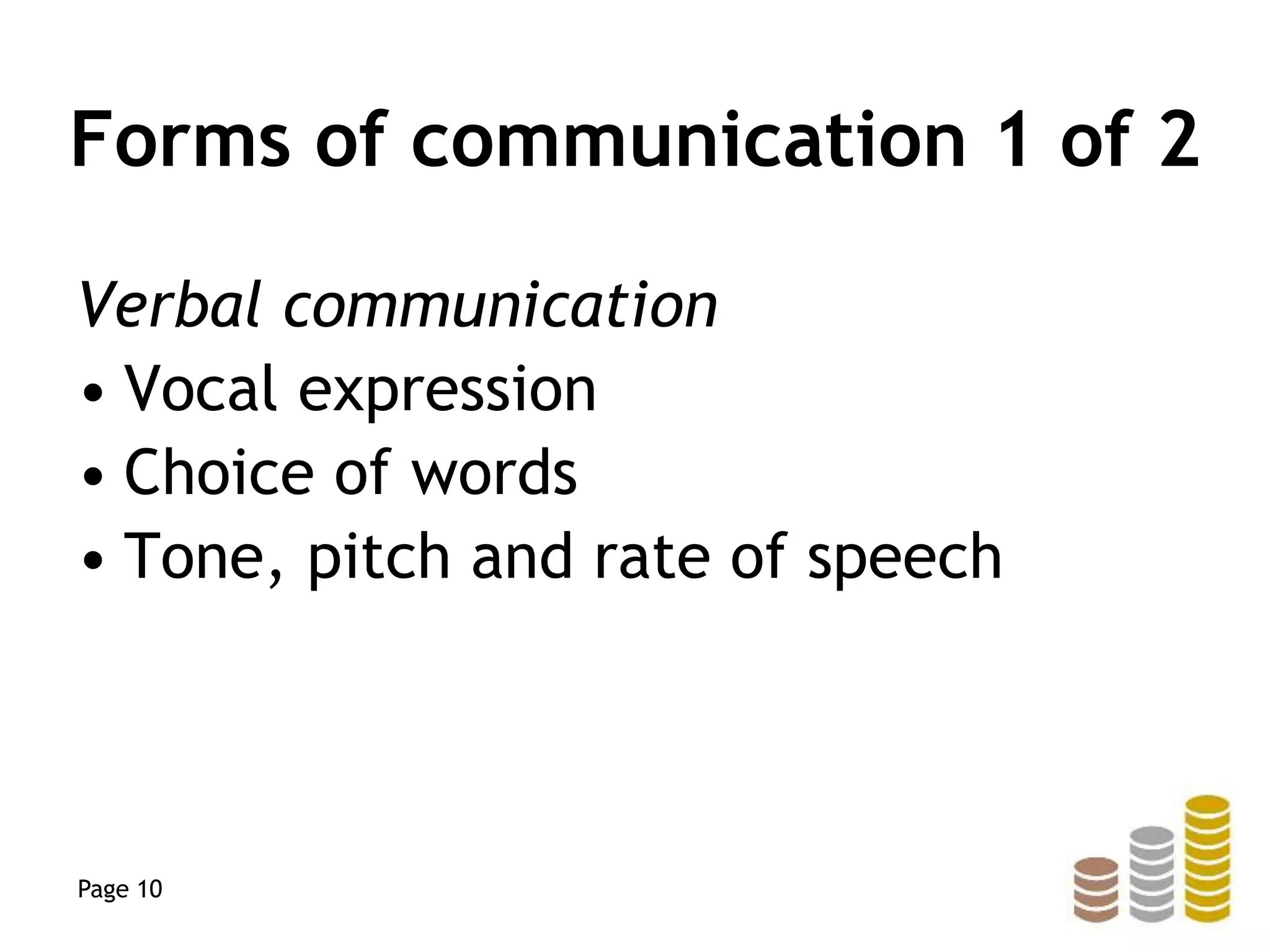 Forms of communication 1 of 2
Verbal communication
• Vocal expression
• Choice of words
• Tone, pitch and rate of speech
Page 10
 