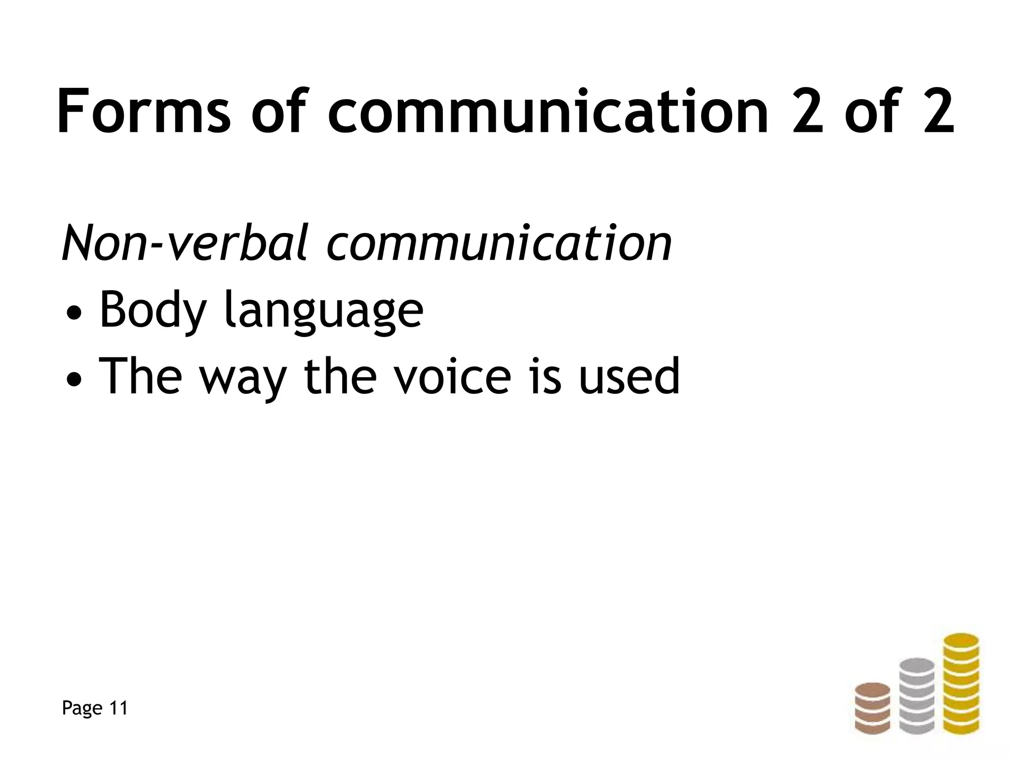 Forms of communication 2 of 2
Non-verbal communication
• Body language
• The way the voice is used
Page 11
 