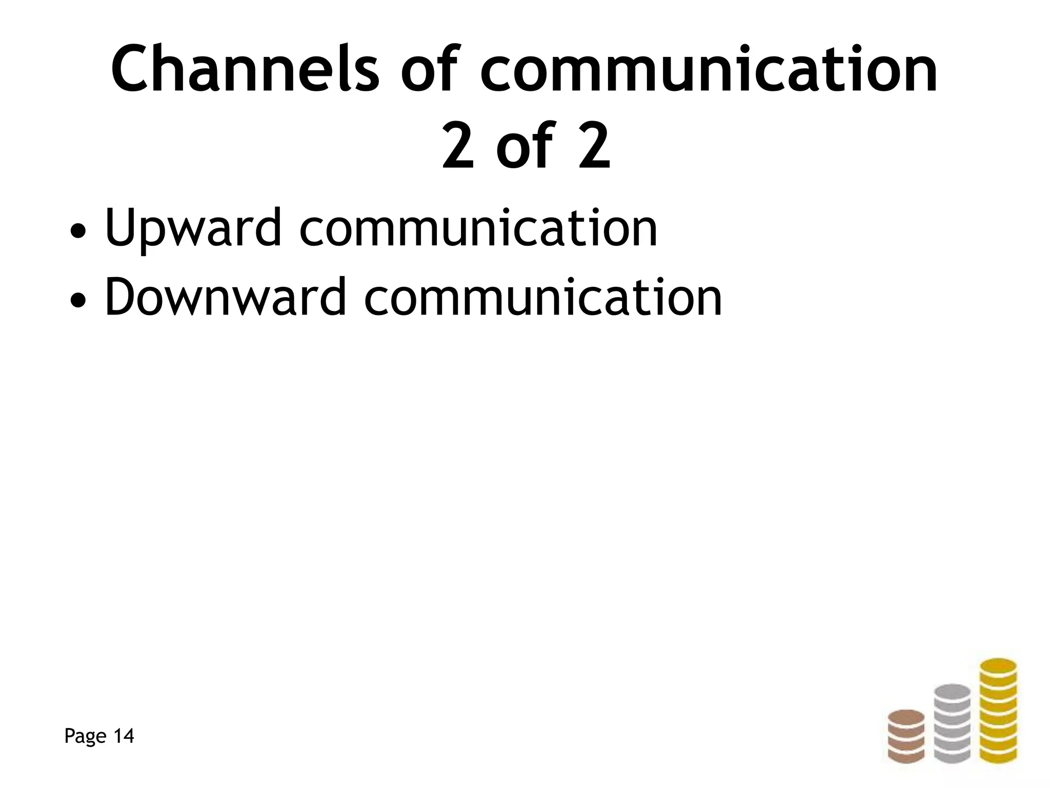 Channels of communication
2 of 2
• Upward communication
• Downward communication
Page 14
 