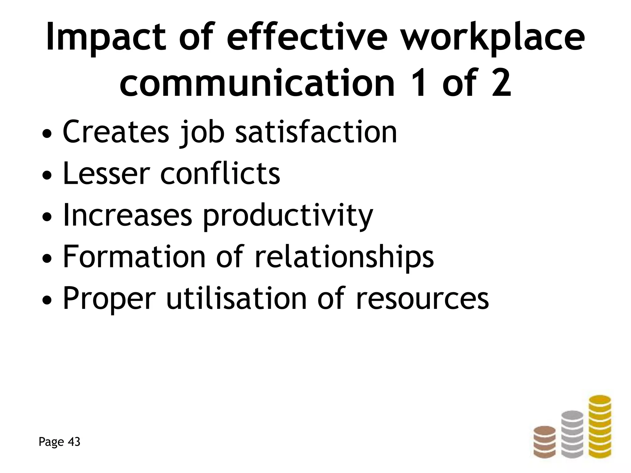 Impact of effective workplace
communication 1 of 2
• Creates job satisfaction
• Lesser conflicts
• Increases productivity
• Formation of relationships
• Proper utilisation of resources
Page 43
 