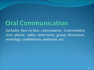 Includes face-to-face conversation, Conversation over phone, radio, interviews, group discussion, meetings, conferences, seminars, etc. 