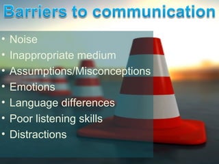 Noise Inappropriate medium Assumptions/Misconceptions Emotions Language differences Poor listening skills Distractions 