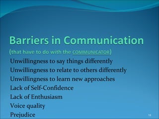 Unwillingness to say things differently Unwillingness to relate to others differently Unwillingness to learn new approaches Lack of Self-Confidence Lack of Enthusiasm Voice quality Prejudice 