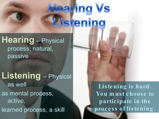 Hearing  – Physical process, natural, passive Listening   – Physical as well as mental process, active, learned process, a skill Listening is hard. You must choose to participate in the process of listening. 