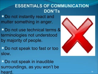 ESSENTIALS OF COMMUNICATION DON’Ts Do not instantly react and mutter something in anger. Do not use technical terms & terminologies not understood by majority of people. Do not speak too fast or too slow. Do not speak in inaudible surroundings, as you won’t be heard. 