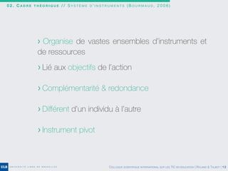 0 2 . C A D R E T H É O R I Q U E / / S Y S T È M E D ’ I N S T R U M E N T S ( B O U R M A U D , 2 0 0 6 )
> Organise de vastes ensembles d’instruments et
de ressources
> Lié aux objectifs de l’action
> Complémentarité & redondance
> Diﬀérent d’un individu à l’autre
> Instrument pivot
COLLOQUE SCIENTIFIQUE INTERNATIONAL SUR LES TIC EN ÉDUCATION | ROLAND & TALBOT | 12
 