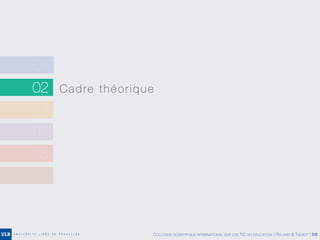 02 Cadre théorique
03
04
05
06
01
COLLOQUE SCIENTIFIQUE INTERNATIONAL SUR LES TIC EN ÉDUCATION | ROLAND & TALBOT | 06
 