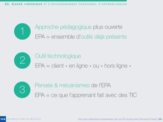 0 2 . C A D R E T H É O R I Q U E / / L’ E N V I R O N N E M E N T P E R S O N N E L D ’ A P P R E N T I S S A G E
1
Approche pédagogique plus ouverte
EPA = ensemble d’outils déjà présents
2
Outil technologique
EPA = client « en ligne » ou « hors ligne »
3
Pensée & mécanismes de l’EPA
EPA = ce que l’apprenant fait avec des TIC
COLLOQUE SCIENTIFIQUE INTERNATIONAL SUR LES TIC EN ÉDUCATION | ROLAND & TALBOT | 08
 