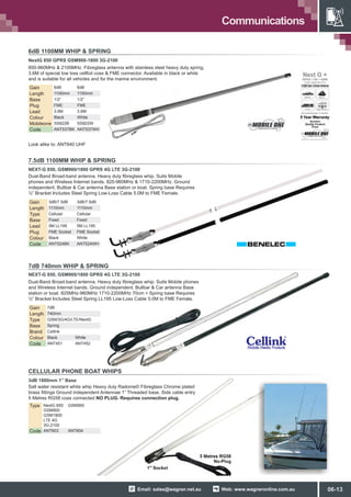 Web: www.wagneronline.com.auEmail: sales@wagner.net.au
Communications
6dB 1100MM WHIP  SPRING
NextG 850 GPRS GSM900-1800 3G-2100
850-960MHz  2100MHz. Fibreglass antenna with stainless steel heavy duty spring,
3.6M of special low loss cellfoil coax  FME connector. Available in black or white
and is suitable for all vehicles and for the marine environment.
Gain 6dB 6dB
Length 1100mm 1100mm
Base 1/2” 1/2”
Plug FME FME
Lead 3.6M 3.6M
Colour Black White
Mobileone SS822B SS822W
Code ANT537BK ANT537WH
Look alike to: ANT840 UHF
7.5dB 1100MM WHIP  SPRING
NEXT-G 850, GSM900/1800 GPRS 4G LTE 3G-2100
Dual-Band Broad-band antenna. Heavy duty fibreglass whip. Suits Mobile
phones and Wireless Internet bands. 820-960MHz  1710-2200MHz. Ground
independent. Bullbar  Car antenna Base station or boat. Spring base Requires
½” Bracket Includes Steel Spring Low-Loss Cable 5.0M to FME Female.
Gain 3dB/7.5dB 3dB/7.5dB
Length 1110mm 1110mm
Type Cellular Cellular
Base Fixed Fixed
Lead 5M LL195 5M LL195
Plug FME Socket FME Socket
Colour Black White
Code ANT524BK ANT524WH
7dB 740mm WHIP  SPRING
NEXT-G 850, GSM900/1800 GPRS 4G LTE 3G-2100
Dual-Band Broad-band antenna. Heavy duty fibreglass whip. Suits Mobile phones
and Wireless Internet bands. Ground independent. Bullbar  Car antenna Base
station or boat. 825MHz-960MHz 1710-2200MHz 70cm + Spring base Requires
½” Bracket Includes Steel Spring LL195 Low-Loss Cable 5.0M to FME Female.
Gain 7dB
Length 740mm
Type GSM/3G/4G/LTE/NextG
Base Spring
Brand Cellink
Colour Black White
Code ANT451 ANT452
CELLULAR PHONE BOAT WHIPS
3dB 1800mm 1” Base
Salt water resistant white whip Heavy duty Radome© Fibreglass Chrome plated
brass fittings Ground independent Antennae 1” Threaded base. Side cable entry  
5 Metres RG58 coax connected NO PLUG. Requires connection plug.
Type NextG 850
GSM900
GSM1800
LTE 4G
3G-2100
GSM900
Code ANT603 ANT604
06-13
 