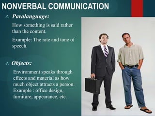3. Paralanguage:
How something is said rather
than the content.
Example: The rate and tone of
speech.
4. Objects:
Environment speaks through
effects and material as how
much object attracts a person.
Example : office design,
furniture, appearance, etc.
NONVERBAL COMMUNICATION
 