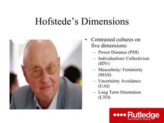 Hofstede’s Dimensions Contrasted cultures on five dimensions: Power Distance (PDI) Individualism/ Collectivism (IDV) Masculinity/ Femininity (MAS) Uncertainty Avoidance (UAI) Long Term Orientation (LTO) 