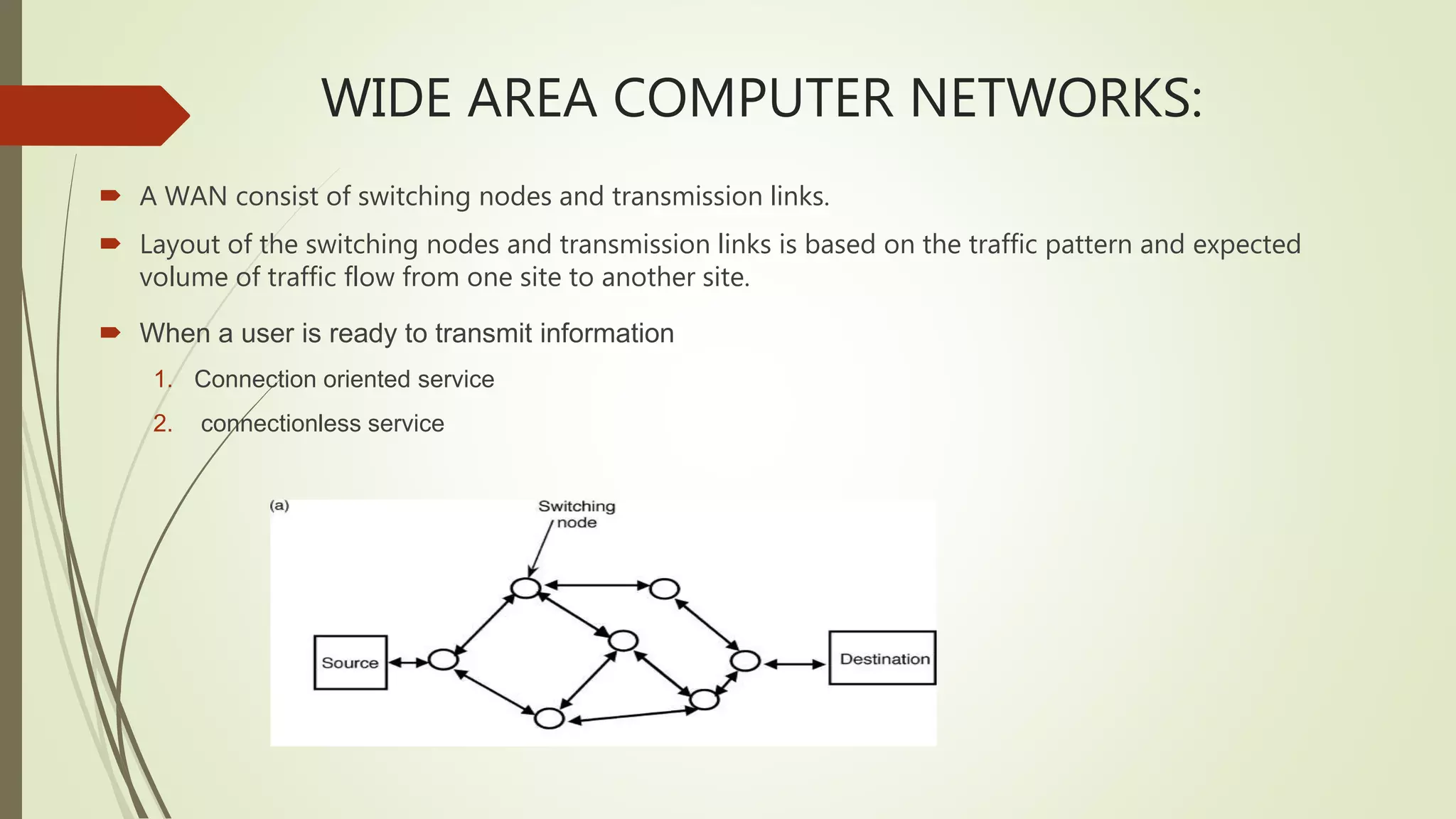 WIDE AREA COMPUTER NETWORKS:
 A WAN consist of switching nodes and transmission links.
 Layout of the switching nodes and transmission links is based on the traffic pattern and expected
volume of traffic flow from one site to another site.
 When a user is ready to transmit information
1. Connection oriented service
2. connectionless service
 