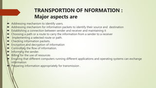 TRANSPORTION OF NFORMATION :
Major aspects are
 Addressing mechanism to identify users.
 Addressing mechanism for information packets to identify their source and destination
 Establishing a connection between sender and receiver and maintaining it
 Choosing a path or a route to carry the information from a sender to a receiver
 Implementing a selected route or path.
 Checking information packets.
 Encryption and decryption of information
 Controlling the flow of information.
 Informing the sender.
 Billing for the use of resources
 Ensuring that different computers running different applications and operating systems can exchange
information
 Preparing information appropriately for transmission .
.
 