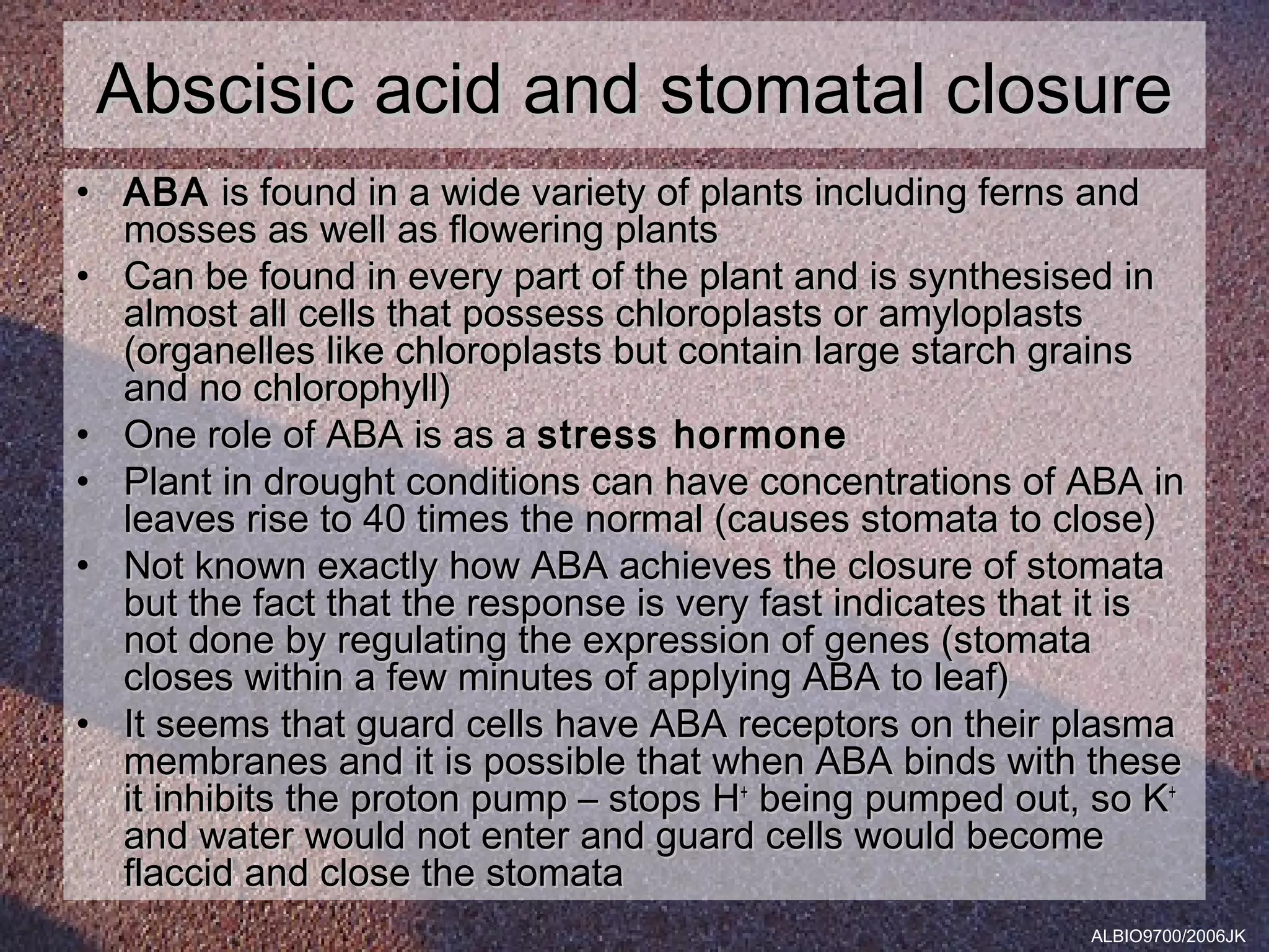 Abscisic acid and stomatal closure
• ABA is found in a wide variety of plants including ferns and
  mosses as well as flowering plants
• Can be found in every part of the plant and is synthesised in
  almost all cells that possess chloroplasts or amyloplasts
  (organelles like chloroplasts but contain large starch grains
  and no chlorophyll)
• One role of ABA is as a stress hormone
• Plant in drought conditions can have concentrations of ABA in
  leaves rise to 40 times the normal (causes stomata to close)
• Not known exactly how ABA achieves the closure of stomata
  but the fact that the response is very fast indicates that it is
  not done by regulating the expression of genes (stomata
  closes within a few minutes of applying ABA to leaf)
• It seems that guard cells have ABA receptors on their plasma
  membranes and it is possible that when ABA binds with these
  it inhibits the proton pump – stops H+ being pumped out, so K+
  and water would not enter and guard cells would become
  flaccid and close the stomata
                                                            ALBIO9700/2006JK
 
