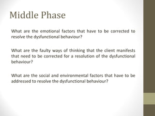 Middle Phase
What are the emotional factors that have to be corrected to
resolve the dysfunctional behaviour?
What are the faulty ways of thinking that the client manifests
that need to be corrected for a resolution of the dysfunctional
behaviour?
What are the social and environmental factors that have to be
addressed to resolve the dysfunctional behaviour?
 