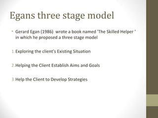 Egans three stage model
• Gerard Egan (1986) wrote a book named 'The Skilled Helper ‘
in which he proposed a three stage model
1.Exploring the client's Existing Situation
2.Helping the Client Establish Aims and Goals
3.Help the Client to Develop Strategies
 
