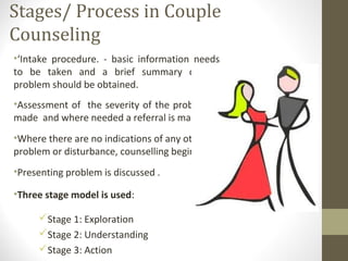 Stages/ Process in Couple
Counseling
•‘Intake procedure. - basic information needs
to be taken and a brief summary of the
problem should be obtained.
•Assessment of the severity of the problem is
made and where needed a referral is made.
•Where there are no indications of any other
problem or disturbance, counselling begins.
•Presenting problem is discussed .
•Three stage model is used:
Stage 1: Exploration
Stage 2: Understanding
Stage 3: Action
 