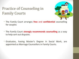 Practice of Counseling in
Family Courts
• The Family Court arranges free and confidential counselling
for couples
• The Family Court strongly recommends counselling as a way
to help sort out disputes.
• Graduates, having Master's Degree in Social Work, are
appointed as Marriage Counsellors in Family Courts.
 
