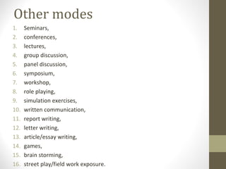 Other modes
1. Seminars,
2. conferences,
3. lectures,
4. group discussion,
5. panel discussion,
6. symposium,
7. workshop,
8. role playing,
9. simulation exercises,
10. written communication,
11. report writing,
12. letter writing,
13. article/essay writing,
14. games,
15. brain storming,
16. street play/field work exposure.
 