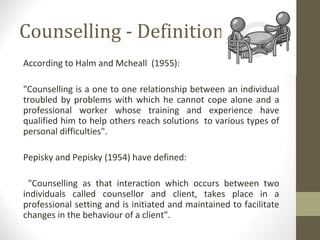 Counselling - Definition
According to Halm and Mcheall (1955):
"Counselling is a one to one relationship between an individual
troubled by problems with which he cannot cope alone and a
professional worker whose training and experience have
qualified him to help others reach solutions to various types of
personal difficulties".
Pepisky and Pepisky (1954) have defined:
"Counselling as that interaction which occurs between two
individuals called counsellor and client, takes place in a
professional setting and is initiated and maintained to facilitate
changes in the behaviour of a client".
 