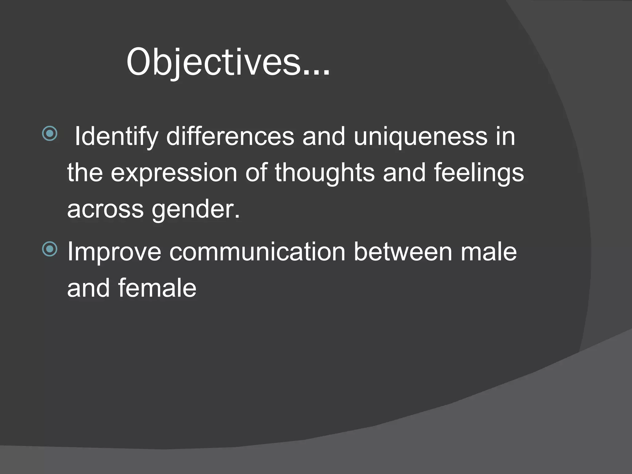 Objectives… Identify differences and uniqueness in the expression of thoughts and feelings across gender. Improve communication between male and female 