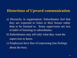 Distortions of Upward communication

a) Hierarchy in organization: Subordinates feel that
   they are expected to listen to their bosses rather
   than to be listened to. Some supervisors are less
   in habit of listening to subordinates.
b) Subordinates may tell only what they want the
   supervisor to know.
c) Employees have fear of expressing true feelings
   about the boss.

                                                   14
 